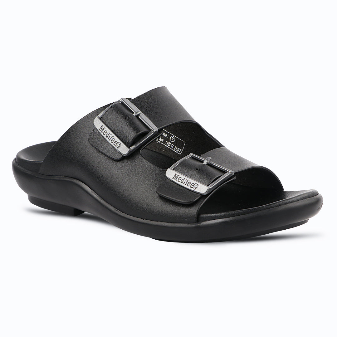 Medifeet Dual Buckle Leather Slippers for Men(Extra Comfortable with Arch Support)